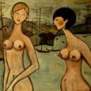 Художник КРОПИВНИЦКИЙ ЕВГЕНИЙ ЛЕОНИДОВИЧ,"Девушки у воды", 1957 г., картон, м.,48х63,8см. Собрание Л.Кропивницкого.  р.50х36с. 